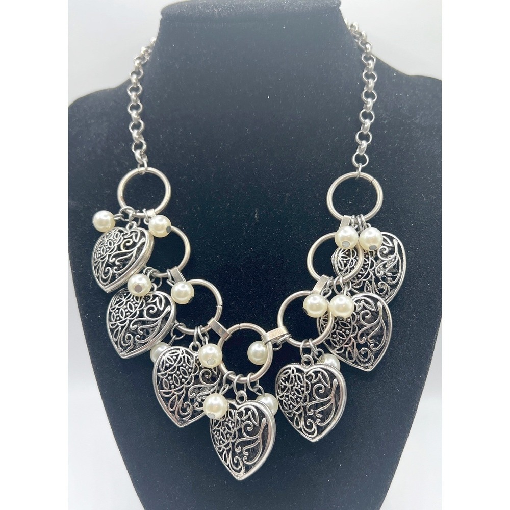 Vintage Silver Tone Heart Filigree Bib Necklace‎ Faux Pearl Statement